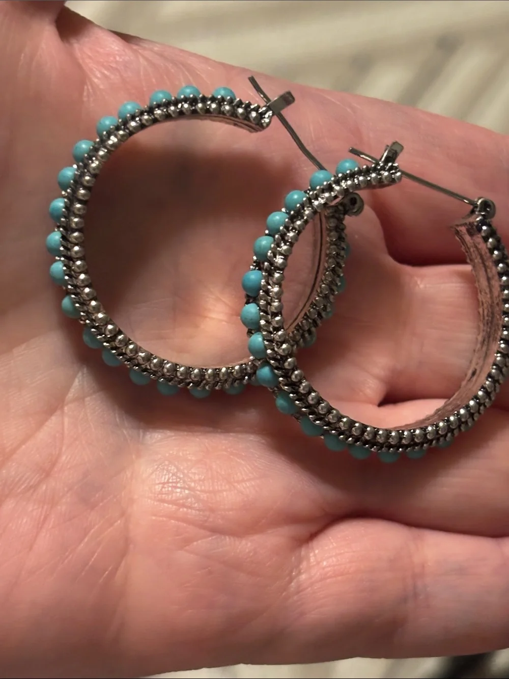 Southwestern Blue Turquoise  Color Accented Silver Hoop & Dangle Earring